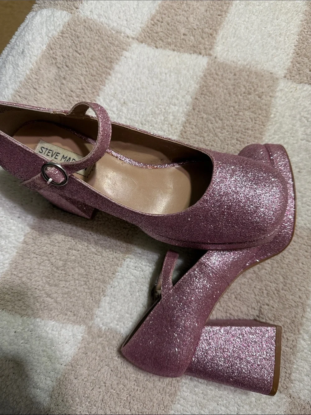 Steve Madden Glitter Platform Mary Jane Heels in Rose Pink